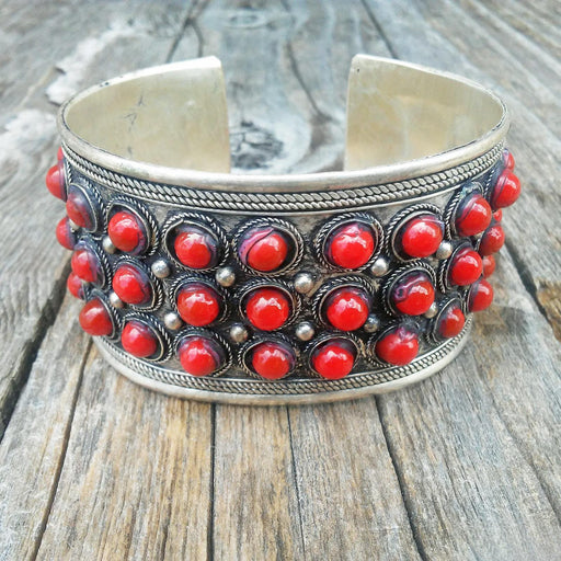 Tibetan Silver Cuff Bracelet with lots of Small Glass Coral Beads Front