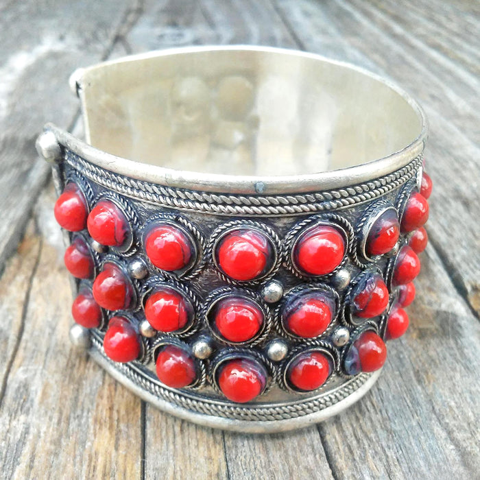 Tibetan Silver Cuff Bracelet with lots of Small Glass Coral Beads Side