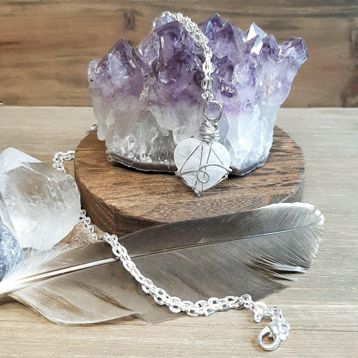 Quartz Crystal Heart Shaped Pendant Hand Wrapped in Wire with 24" chain