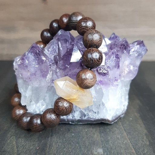 Boho Sapien Yellow Hematoid Crystal Stretch Bracelet with African Wenge Wood Beads Display