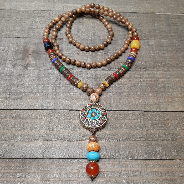 Himalayan Inlaid Prayer Bead Necklace Long