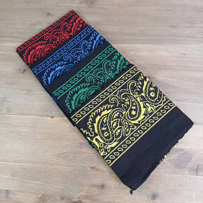 Black Red Turquoise and Yellow Bandanas in a Row