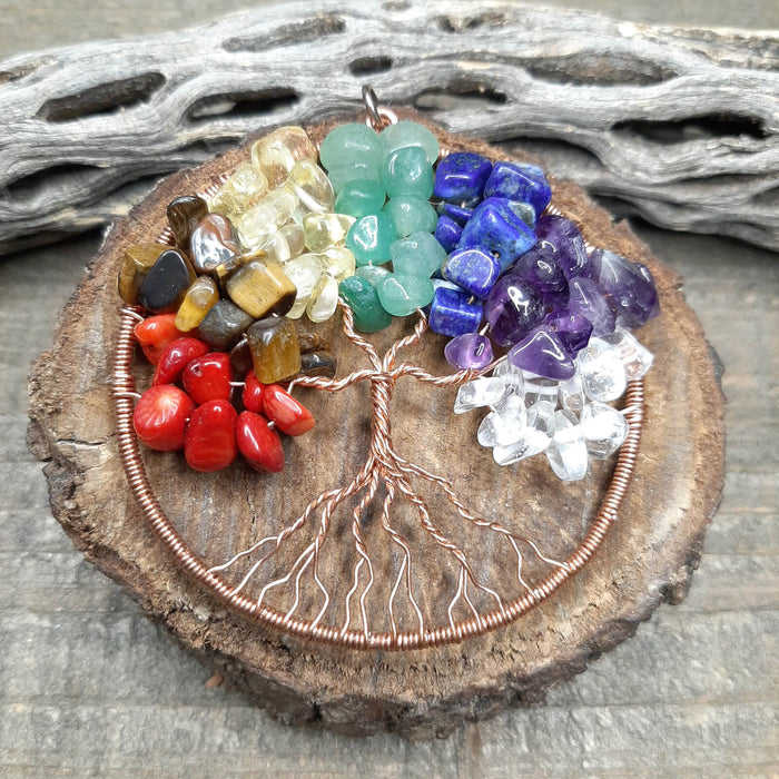 Boho Sapien Hand-made Copper and Gemstone Tree of Life Pendant Display