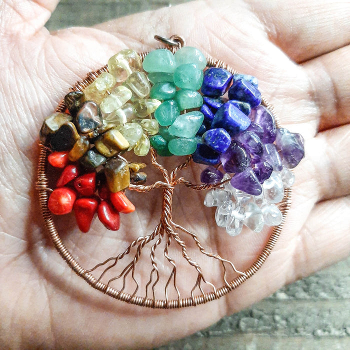 Boho Sapien Hand-made Copper and Gemstone Tree of Life Pendant in Hand