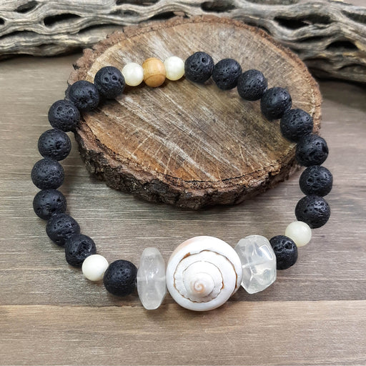 Boho Sapien Black Lava Beads Unisex Bracelet with Shell and Pineapple Quartz