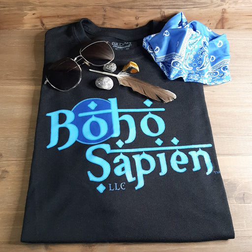 Boho Sapien Brand Logo T-shirt in Black with accessories.