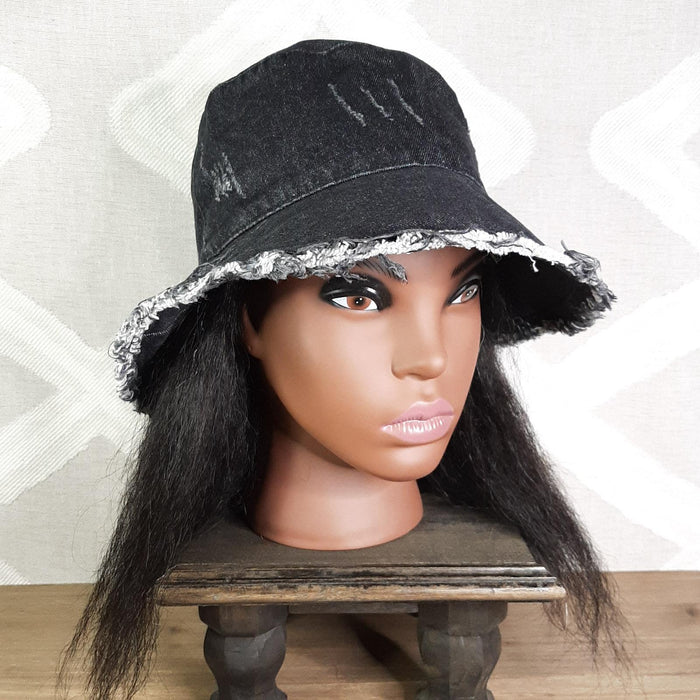 Distressed Black Denim Hat Side