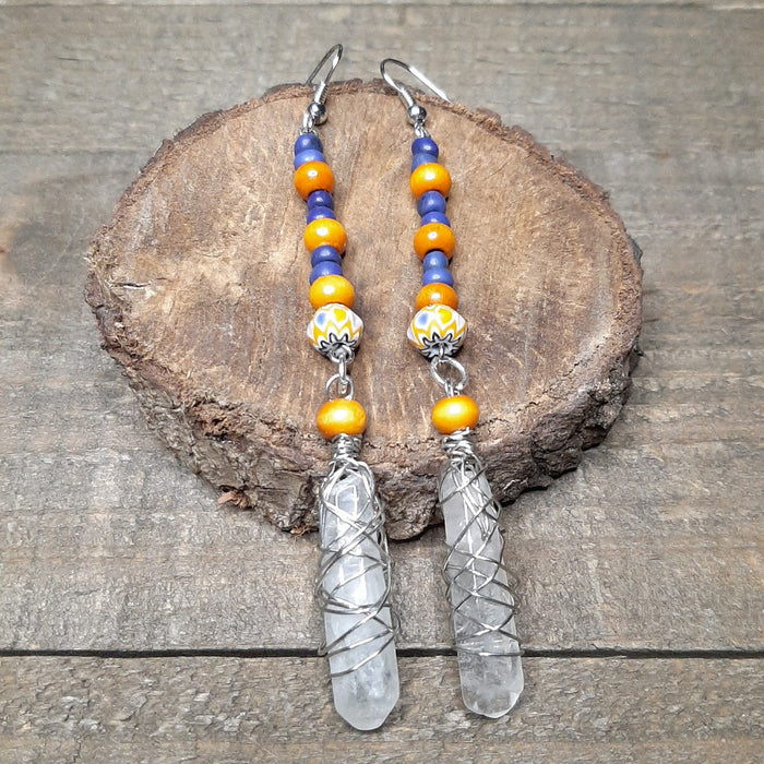 Crystal Wire Wrap Earrings with Tibetan Prayer Beads