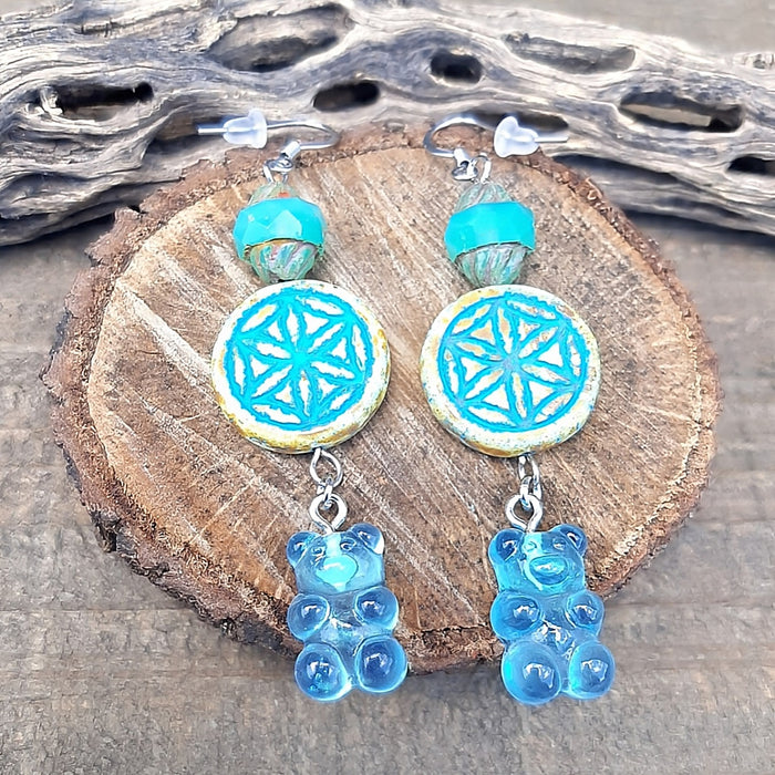 Blue Jelly Bear Earrings with Czech Glass Beads