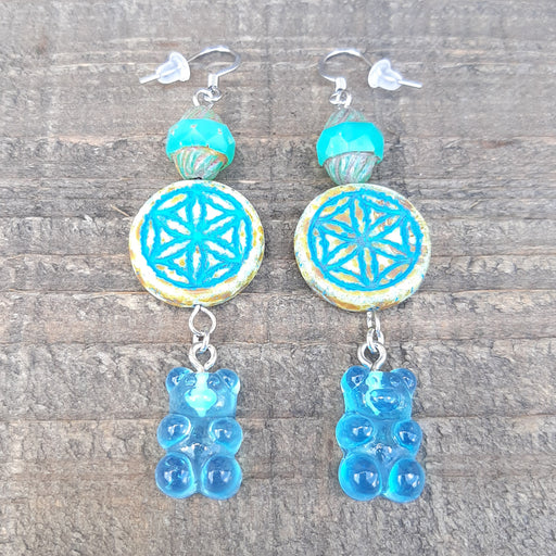 Blue Jelly Bear Earrings with Czech Glass Beads on Wood