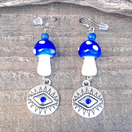 Blue Evil Eye Mushroom Earrings Hypoallergenic Stainless Steel Zoom