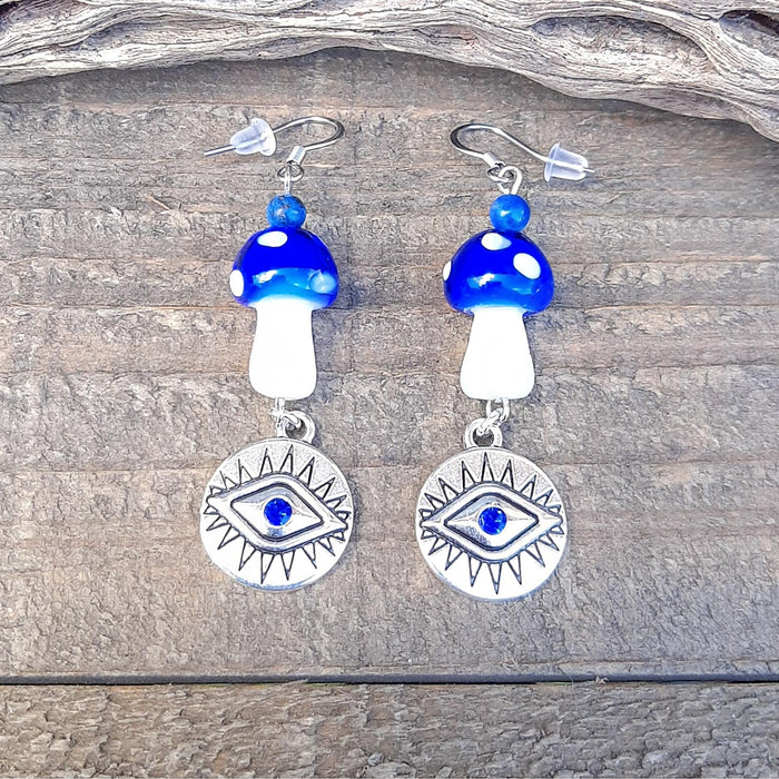 Blue Evil Eye Mushroom Earrings Hypoallergenic Stainless Steel