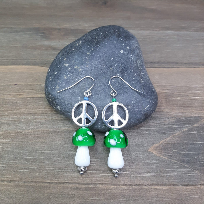 Green and White Lampwork Glass Mushroom and Peace Sign Earrings