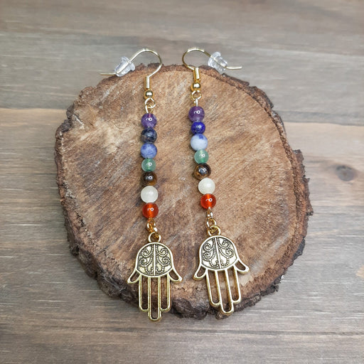 Gold Hamsa Hand Rainbow Chakra Earrings