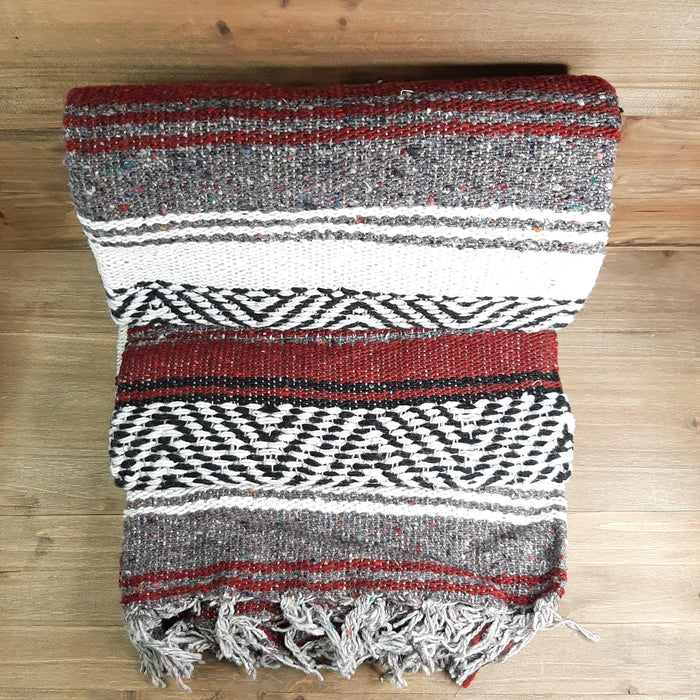 Mexican Falsa Blanket Burgundy Grey and White