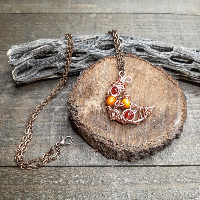 Mini Moons Ago Carnelian Crescent Moon Necklace with Orange Prayer Beads Full View