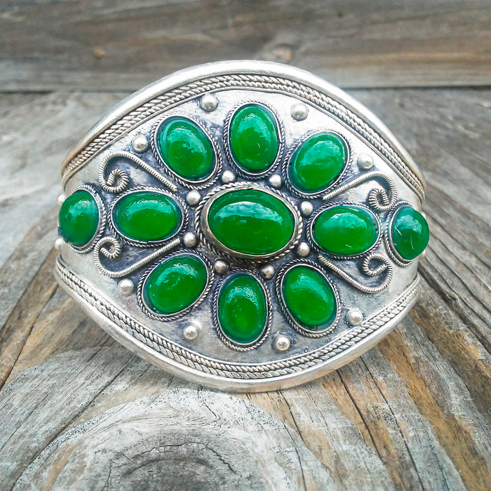 Tibetan Silver Jade Stone Cuff Bracelet Unisex Adjustable Straight from Tibet