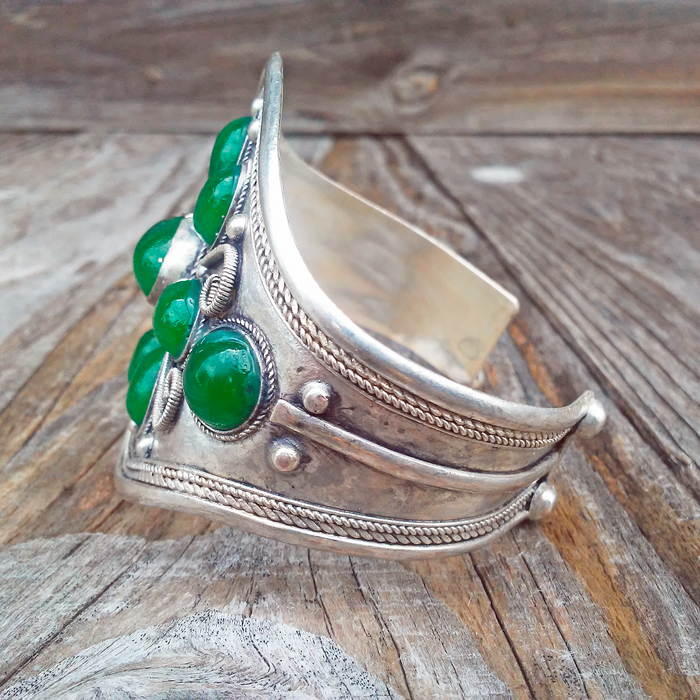 Tibetan Silver Jade Stone Cuff Bracelet Unisex Adjustable Straight from Tibet