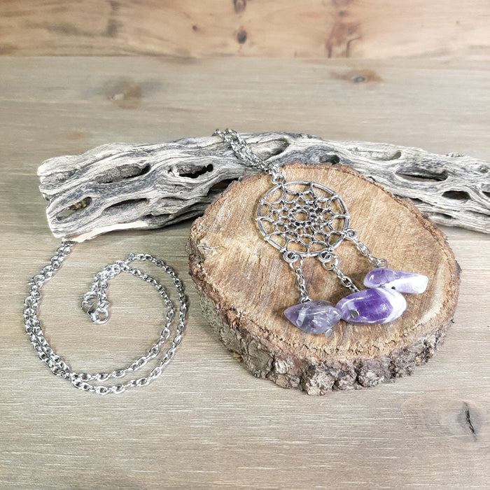 Boho Dream Catcher Necklace with Free-form Amethyst Charms Silver