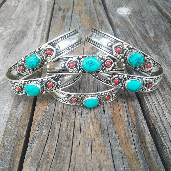 Tibetan Silver Turquoise and Coral Clouds Thin Cuff Bracelet Unisex Adjustable Straight from Tibet