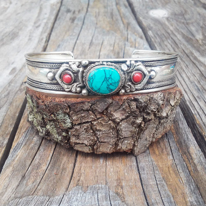 Tibetan Silver Turquoise and Coral Clouds Thin Cuff Bracelet Unisex Adjustable Straight from Tibet