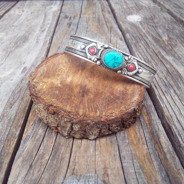 Tibetan Silver Turquoise and Coral Clouds Thin Cuff Bracelet Unisex Adjustable Straight from Tibet