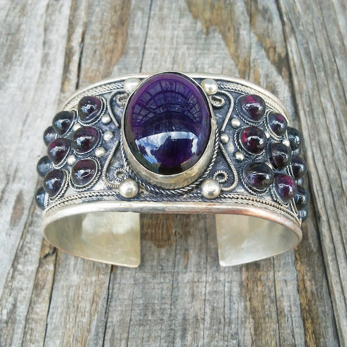 Tibetan Silver Purple Stone Cuff Bracelet Unisex Adjustable Straight from Tibet