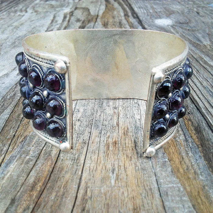 Tibetan Silver Purple Stone Cuff Bracelet Unisex Adjustable Straight from Tibet