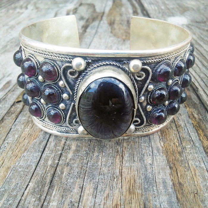 Tibetan Silver Purple Stone Cuff Bracelet Unisex Adjustable Straight from Tibet