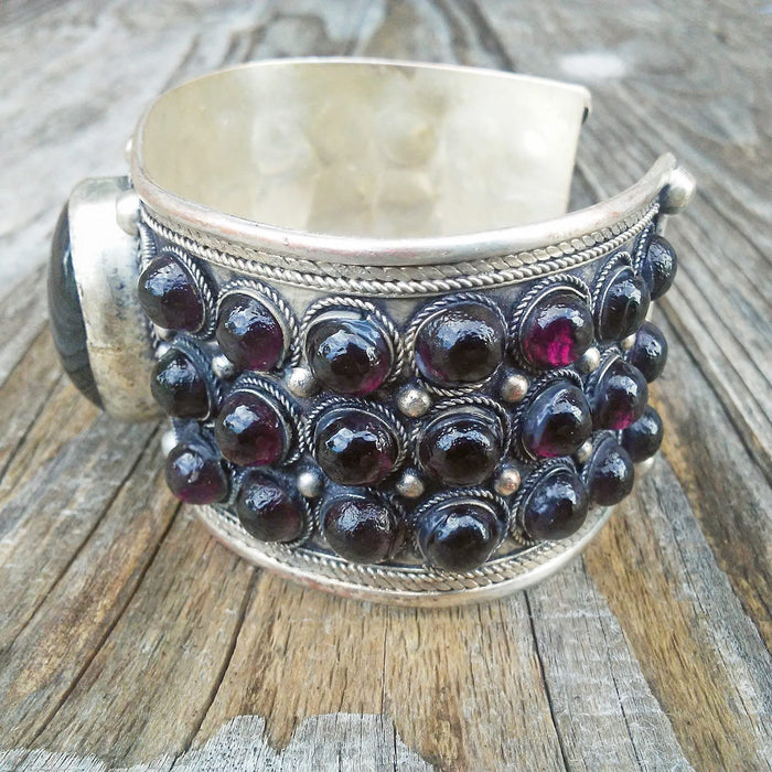 Tibetan Silver Purple Stone Cuff Bracelet Unisex Adjustable Straight from Tibet