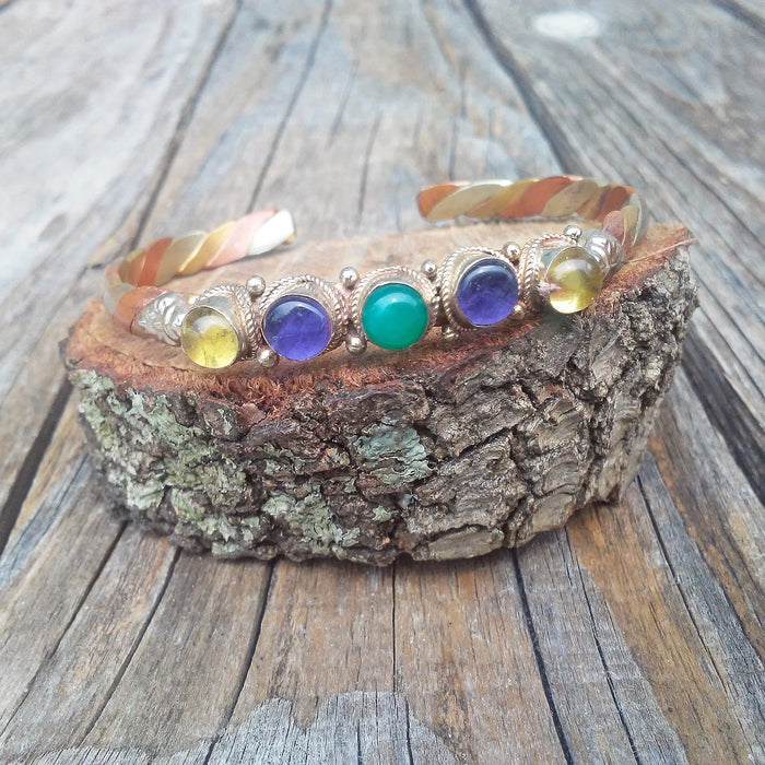 Tibetan Silver Gemstones Tri-color Cuff Bracelet Unisex