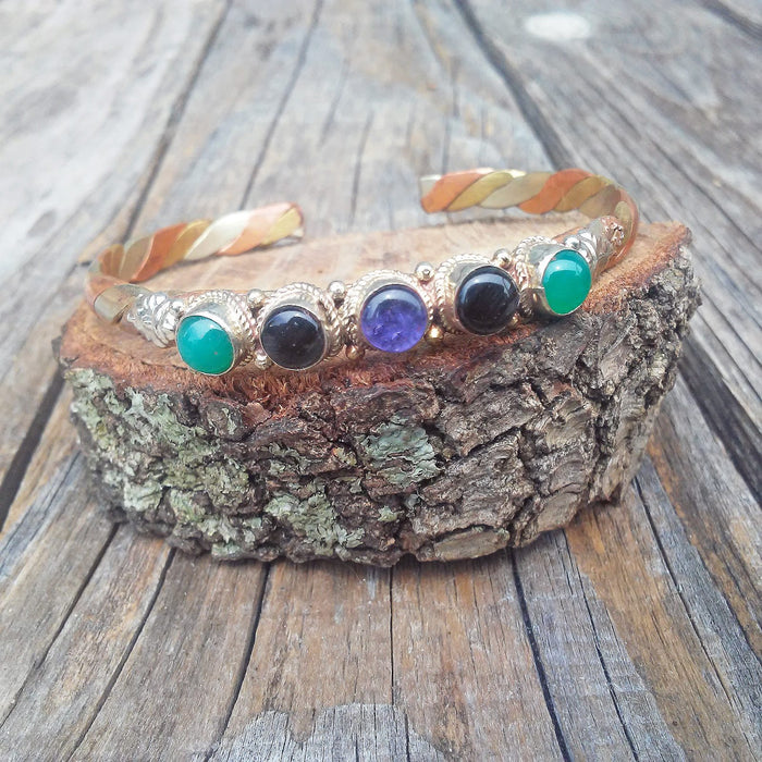 Tibetan Silver Gemstones Tri-color Cuff Bracelet Unisex