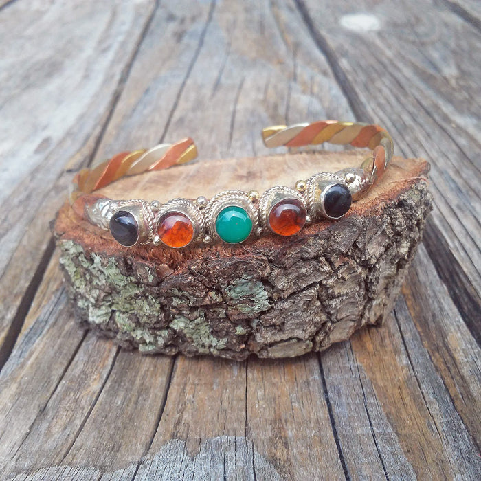 Tibetan Silver Gemstones Tri-color Cuff Bracelet Unisex