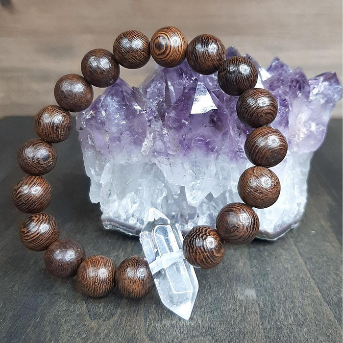 Double Pointed Clear Quartz Crystal Stretch Bracelet with African Wenge Wood Beads