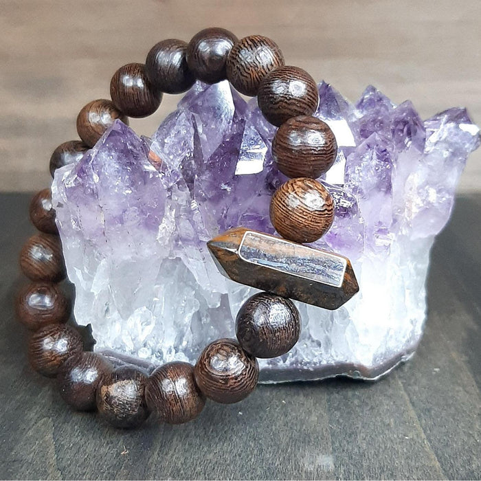 Double Pointed Tiger Eye Gemstone Stretch Bracelet with African Wenge Wood Beads