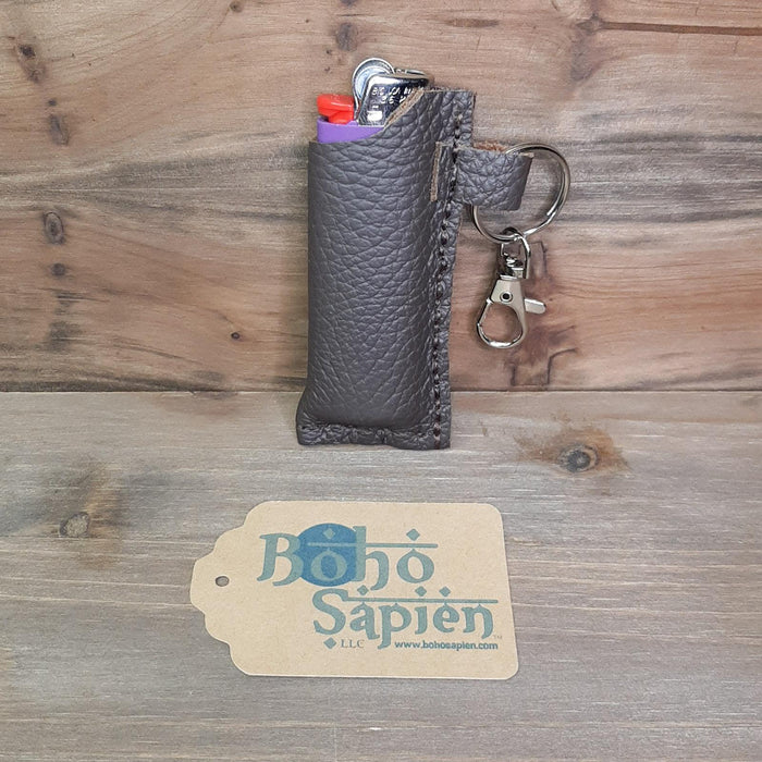 Hand-made Leather Lighter Cover Brown Stitching Front