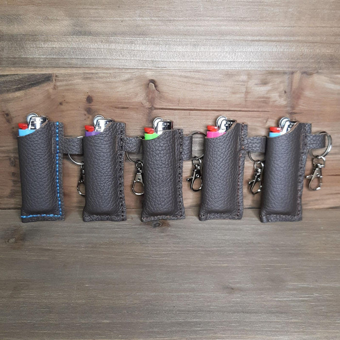 Boho Sapien 5 Hand-made Leather Lighter Cover Keychains Brown and Blue Stitching