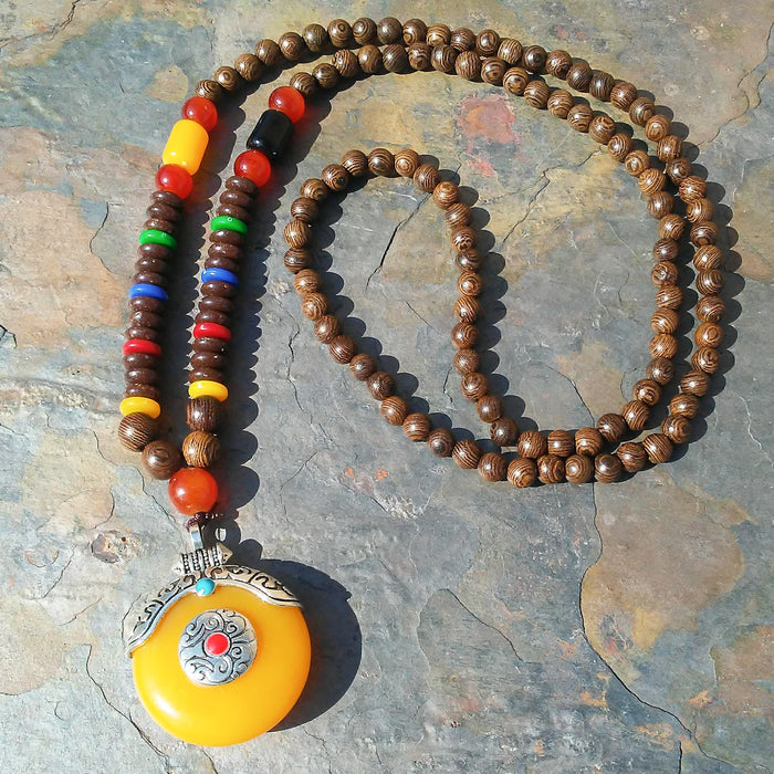 Honey Wax Resin Prayer Bead Necklace Front Yellow Pendant