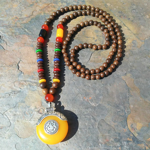 Honey Wax Resin Prayer Bead Necklace Back Yellow Pendant