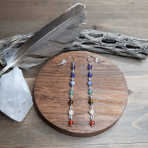 Rainbow Chakra Beaded Chain Earrings with Feather and Crystal Display