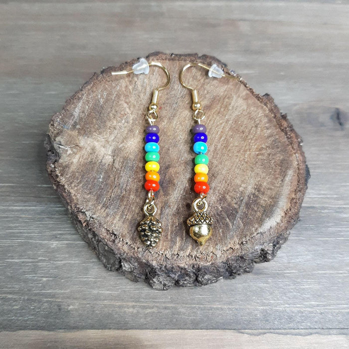 Gold Rainbow Pine Cone and Acorn Earrings