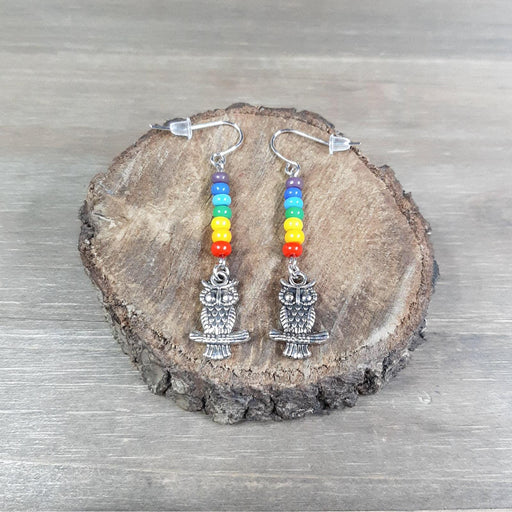 Rainbow Earrings with Silver Owl Charms