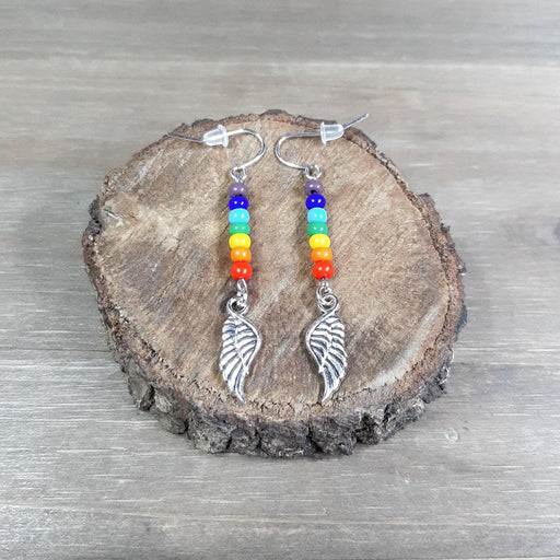 Rainbow Bead Earrings with Angel Wing Charms