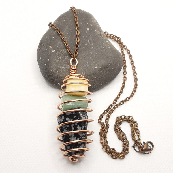 Hand Wrapped Spiral Copper Cage Triple Gemstone Necklace