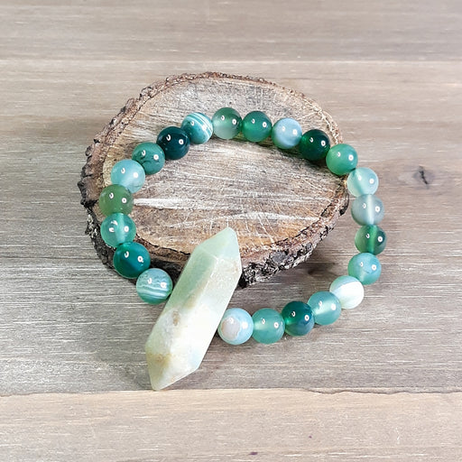 Stretch Bracelet Green Agate with Amazonite Crystal Point