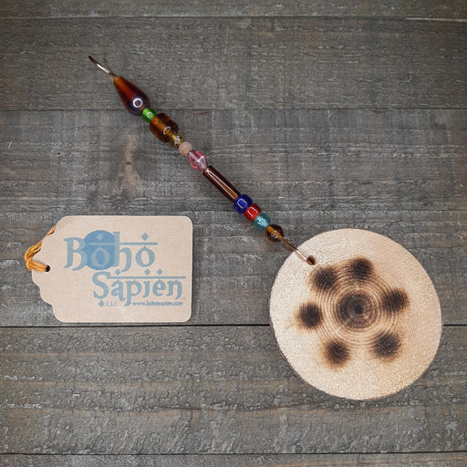 Wood Burned Pine Tree Slice Sun Catcher with Glass Beads from India Front