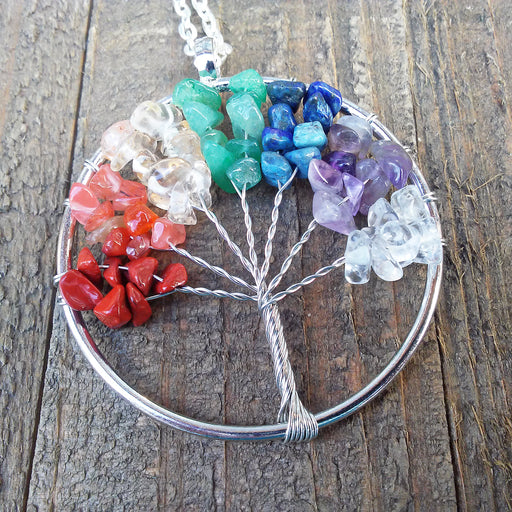 Rainbow Gemstones Tree of Life Necklace Straight Trunk