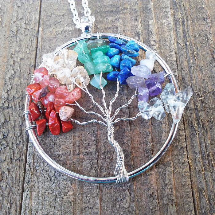 Rainbow Gemstone Tree of Life Necklace Wavy Trunk