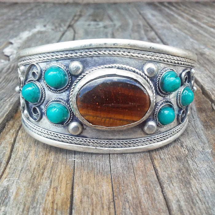 Tibetan Silver Tiger Eye Cuff Bracelet Unisex Adjustable Straight from Tibet