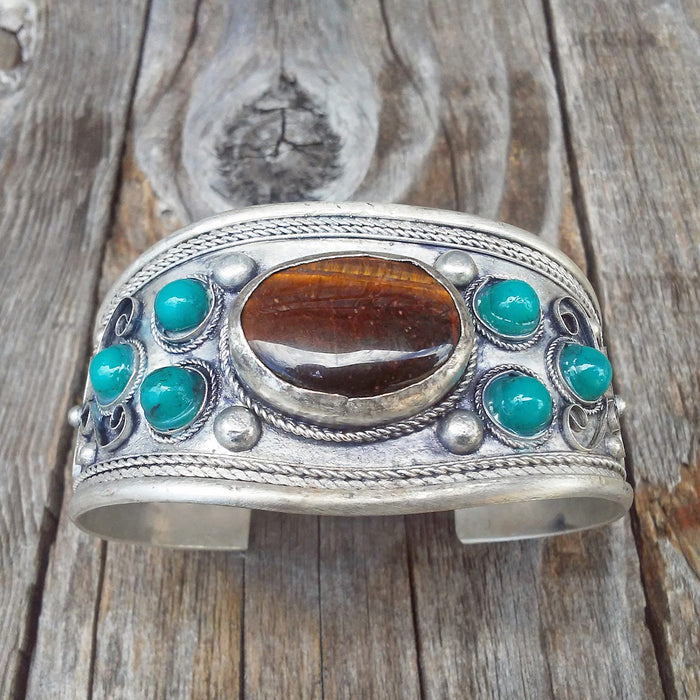 Tibetan Silver Tiger Eye Cuff Bracelet Unisex Adjustable Straight from Tibet